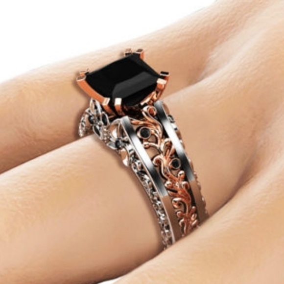 Black Stone Sterling Silver Rose Filagree Engagement Wedding Ring Size 5 - Picture 2 of 7